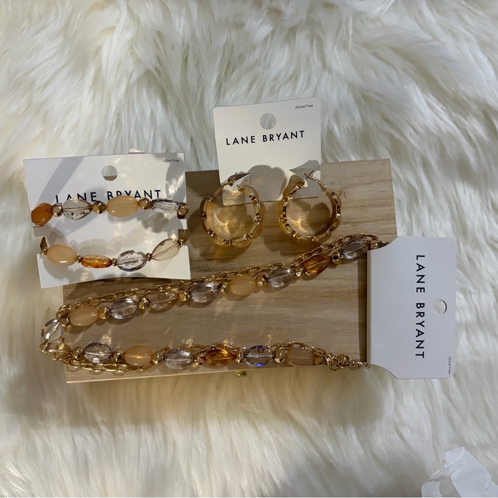 Lane Bryant Hoop Earrings, Necklace and Bracelet with Amber and Cream Beads